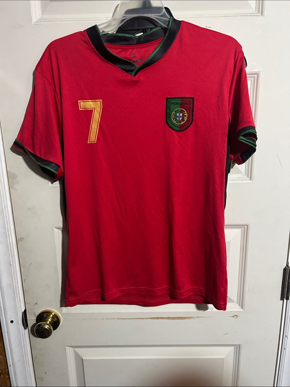 Men's Red Soccer Jersey with Green Trim and Gold #7 Detail OLIMB
